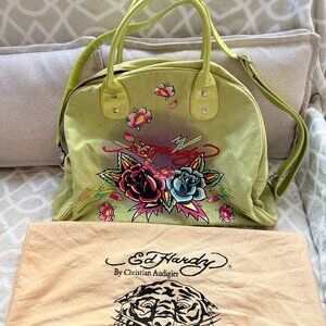 Vintage Ed Hardy Lime Green Canvas Weekender Bag- Y2K Rose & Heart